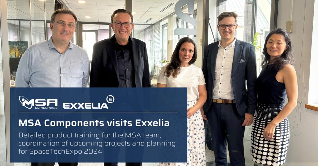 Left to right: Emmanuel Ceretti (Sales DACH, Exxelia), Michael Schulte (Managing Director, MSA Components GmbH), Ornella Bianchi (Sales Space, Exxelia), Markus Schulte (Technical Sales Manager, MSA Components GmbH) and Marie Evrard (Marketing & Communication, Exxelia)